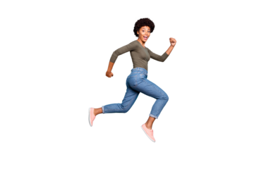 Full length body size photo of cheerful fast quick black woman jumping running towards shopping mall as rapidly as possible wearing jeans denim isolated over vivid blue color background
