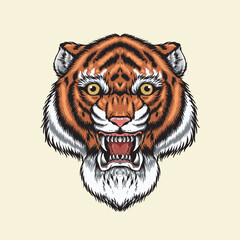 A powerful illustration Of a tiger’s head with its mouth open, showcasing its fierce and majestic nature, perfect for wildlife themed design, bold grapich or animal inspired projects 