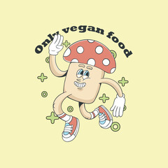 A Charming retro style illustration of a mushroom character with a friendly smile, perfect for whimsical design, children book or nature themed projects 