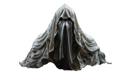 Ghostly figure in draped fabric, dark moody 3D render, ethereal Halloween sculpture, creepy digital art, isolated on transparent background.