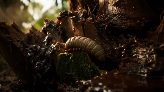 Close-up view of a larva nestled in decaying wood, surrounded by lush greenery, showcasing nature's cycle of life and decay - chontacuro