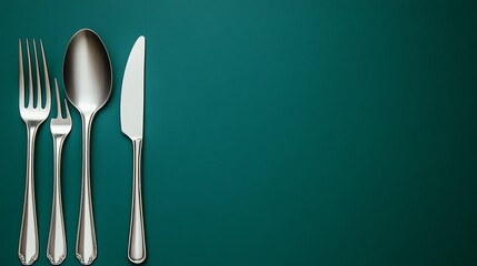 Classic Stainless Steel Cutlery Set on Dark Green Background with Ample Copy Space