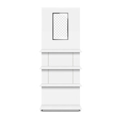 POP display stand with shelves and LED screen front view. Realistic 3d vector mock-up. Floor standing retail exhibition rack construction with built-in LCD monitor. Mockup. Template for design