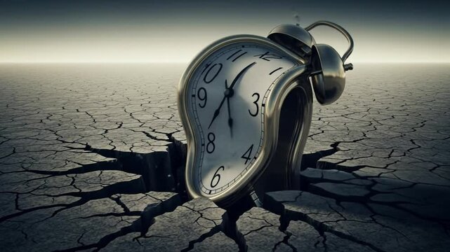 Time in shattered reality: A melting clock against a cracked, desolate background.
