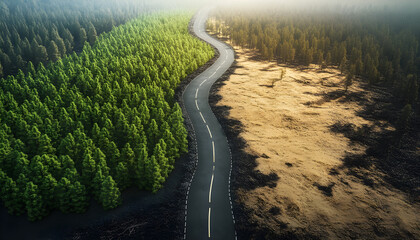 Winding road splitting into two different landscapes, a lush forest and a dry desert, symbolizing climate change and environmental damage
