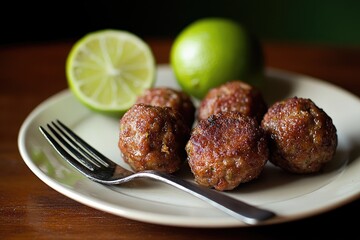 Plate of browned meatballs, accompanied by limes