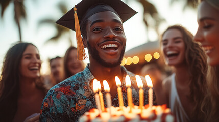 Teenager in graduation cap is surprised and excited as a birthday cake with candles is presented to him. Warm, festive, and full of emotion picture. 