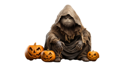 Halloween creature with jack-o-lantern, creepy autumn scene, fantasy character design, digital illustration, isolated on transparent background.