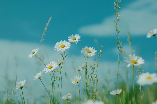 White daisies and tall grass create a beautiful summer field under the sky