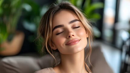 Fototapeta premium Beautiful Woman Relaxed Peaceful Serene Eyes Closed Skincare Wellness