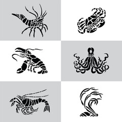Silhouettes of Marine Animals Vector Set – Lobster, Crab, Shrimp, Octopus in Black Isolated Style – Sea Creature Icons for Ocean Wildlife, Seafood, and Nautical Design Projects

