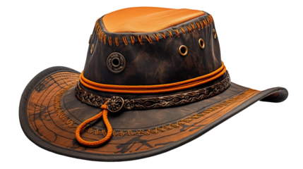 Brown leather cowboy hat, distressed wide-brim, orange accents, western-style autumn accessory, isolated on transparent background.