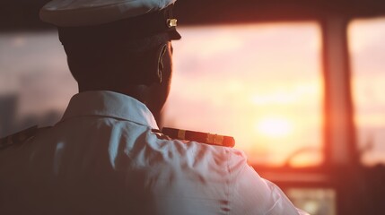 Photorealistic seafarer observing sunrise from ship’s bridge, warm sunlight casting glow over maritime scene, serene atmosphere with top white space, symbolizing dedication and Day of the Seafarer