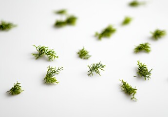 Scattered sprigs of green foliage on a white background.  Small,  delicate leaves  create a  pattern