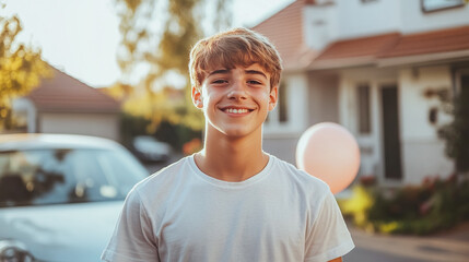 Teenage get a first car for birthday , happy teenage stand near a car.
