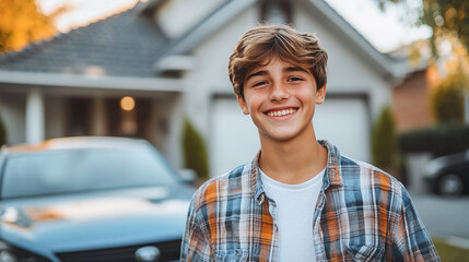 Teenage get a first car for birthday , happy teenage stand near a car.