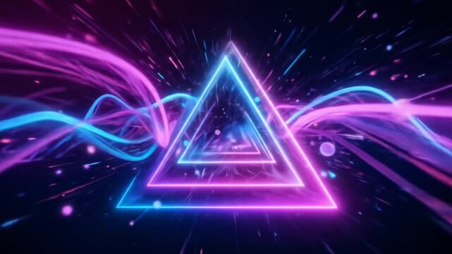 A vibrant composition of dynamic geometric shapes in motion, featuring sharp triangles, 