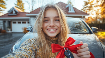 Teenage get a first car for birthday , happy teenage stand near a car.