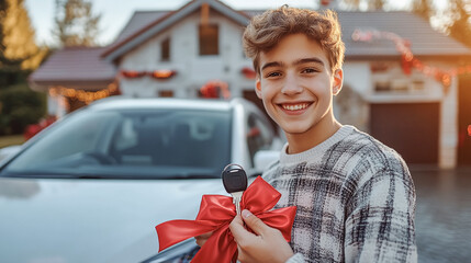 Teenage get a first car for birthday , happy teenage stand near a car.