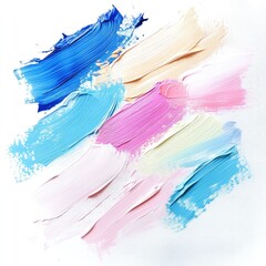 Abstract paint strokes in pastel hues.  Vibrant, multicolored, textured brushstrokes create a dynamic composition.  Smooth, flowing lines of various shades of blue, pink, beige, and white