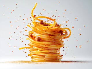 A vibrant pile of spaghetti with meat sauce,  splashes of red pepper flakes and a touch of spice, rising above a white surface