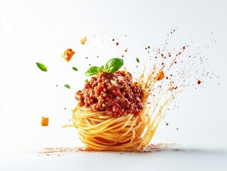 A nest of spaghetti tossed with meat sauce, bursting with fresh herbs and spices.  A dynamic, appetizing presentation