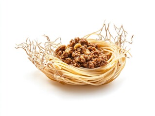 Nestled pasta dish with brown meat sauce.  A nest of pasta strands cradles a generous portion of spaghetti, topped with a rich brown meat sauce