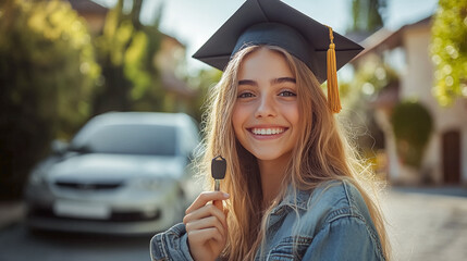 Teenage in graduation cap with the car keys, getting the first car for a present. 