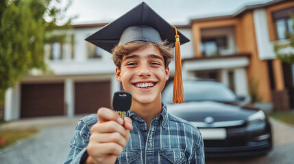 Teenage in graduation cap with the car keys, getting the first car for a present. 