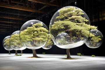 Encased trees in large, clear bubbles suspended in a large hall