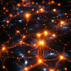 Obraz premium Glowing neural cells interacting across synapses in a dense web-like structure Neuroscience Education Brain Research and Neurology