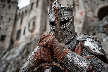 Medieval knight in steel armor against the background of castle walls. A majestic knight poses confidently against the castle walls, showcasing the artistry of his gleaming armor.