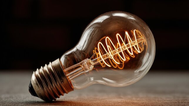 A light bulb rests on a flat surface, casting a warm glow. The intricate filament design is clearly visible, emphasizing its vintage appeal - Powered by Adobe