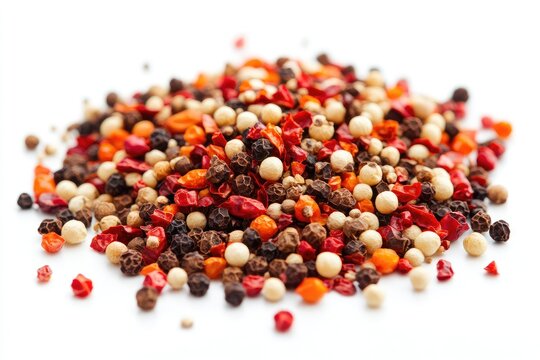 A colorful blend of peppercorns, various sizes and colors, piled high on a white background. Small, whole peppercorns in red, orange, black, white, and beige colors, in a mound