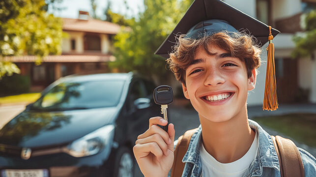 Teenage in graduation cap with the car keys, getting the first car for a present.  - Powered by Adobe