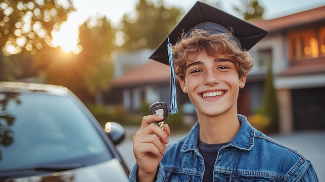 Teenage in graduation cap with the car keys, getting the first car for a present. 