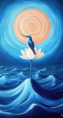 A small, vibrant blue bird perches atop a large, white lotus flower, centered on a stylized, tranquil body of water. A luminous peach-toned sun-like circle radiates above the scene