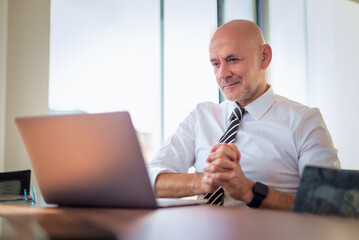 Middle aged businessman with laptop computer sitting at office desk in a modern office