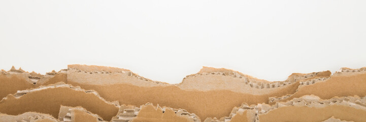 Heap of torn light brown carton on light gray background. Wide banner. Closeup. Empty place for...