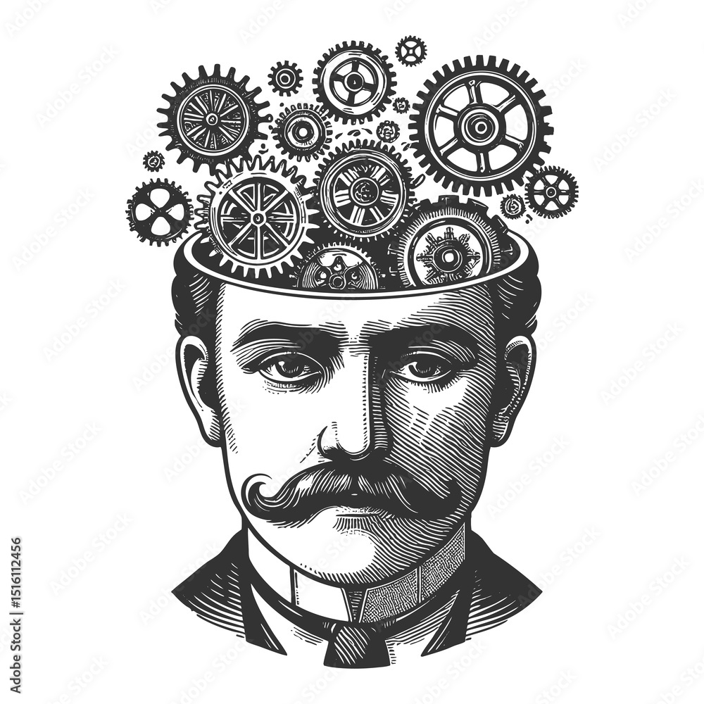 Poster man profile with gears, tools, lightbulb symbolizing innovation and creativity sketch engraving gene