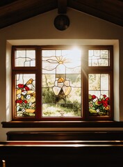 Stained glass window, sunlight streams through,  floral and nature scenes