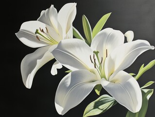 Fototapeta premium Lily, Rose, and Plum Blossom Bloom on Black Background, Elegant Minimalist Studio Shot for Floral Wallpaper and Nature Design