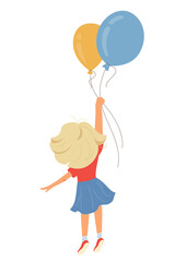 Happy little girl holding balloons Cheerful child character playing, flying with ballon Cartoon design element for kids celebration design, greeting cards, poster, flyer party Vector illustration