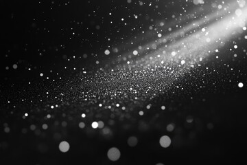 Abstract black and white background with glittering particles and light trails.  A  concentrated  display of  shimmering  dust-like  particles and glowing light rays