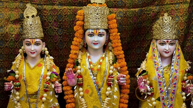Ram, Sita & Lakshman Idols in Temple &ndash; Divine Hindu Deity Darshan with Floral Decoration