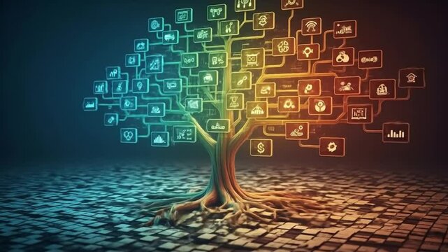 Digital tree network: A tree with glowing connections, symbolizing interconnected information.
