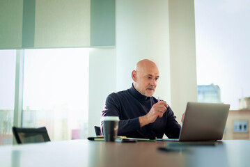 Middle aged businessman working on laptop in a modern office