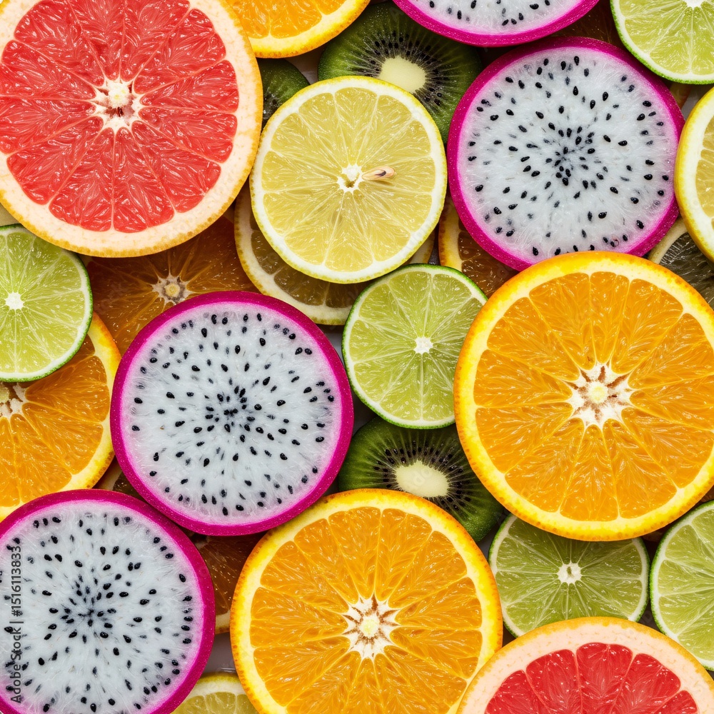 Poster a vibrant, hyperrealist image of a multitude of citrus fruit slices arranged in a dense, overlapping