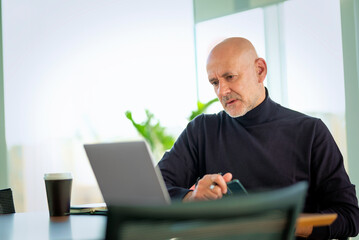 Middle aged businessman working on laptop in a modern office