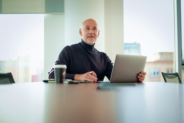 Middle aged businessman working on laptop in a modern office